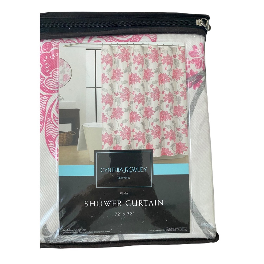 NIP Cynthia Rowley Floral SHOWER CURTAIN Cotton Blend PINK and GRAY Flowers